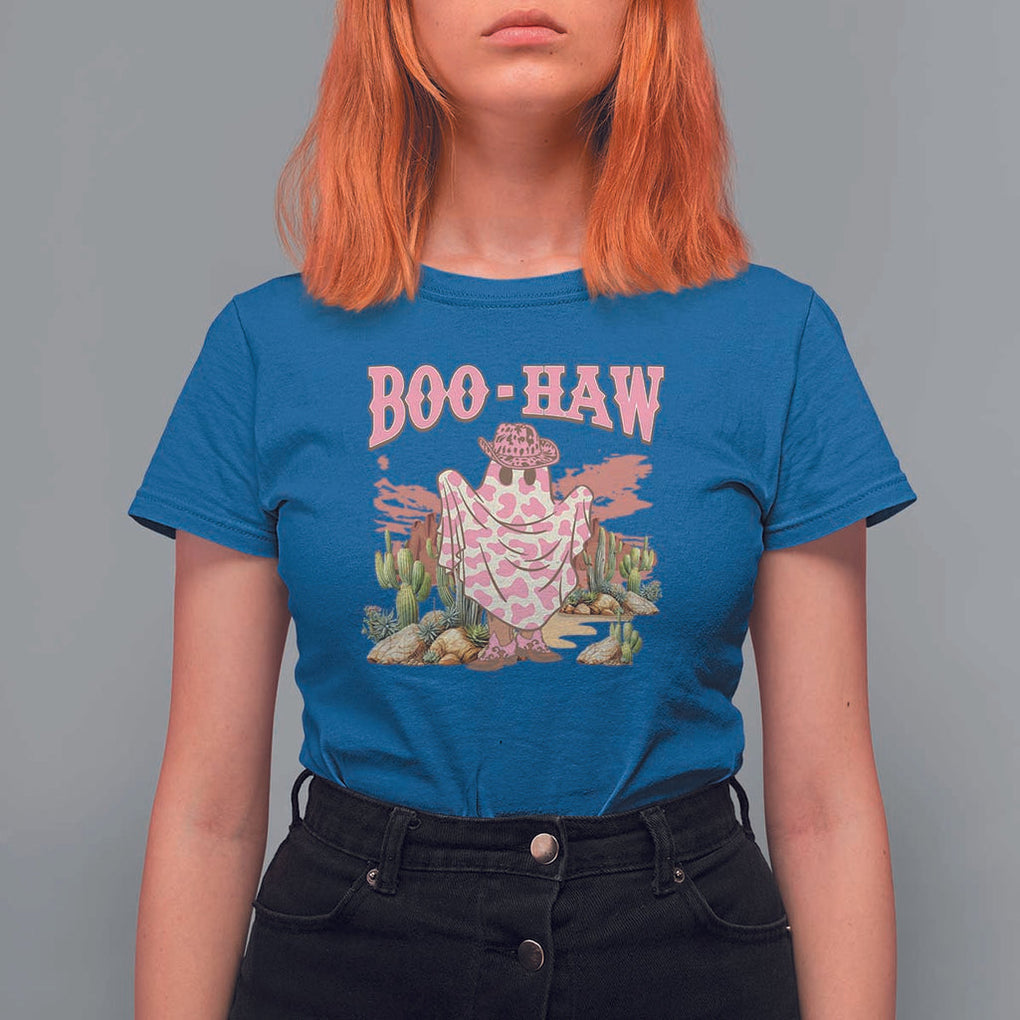 Halloween Western T Shirt For Women Boo Haw Cute Country Cowboy Ghost TS11 Royal Blue Print Your Wear