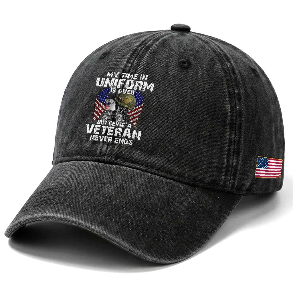 US Veterans Washed Cotton Baseball Cap My Time In Uniform Is Over But Being A Veteran Never Dies TS11 Print Your Wear