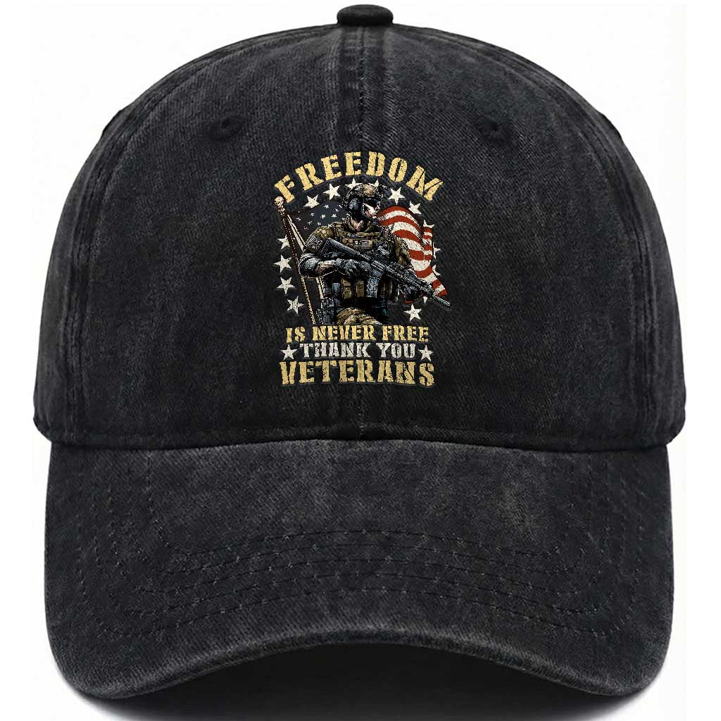 US Veterans Washed Cotton Baseball Cap Freedom Is Never Free Thank You Veterans American Flag Military TS11 Washed Cap Universal Fit Black Print Your Wear