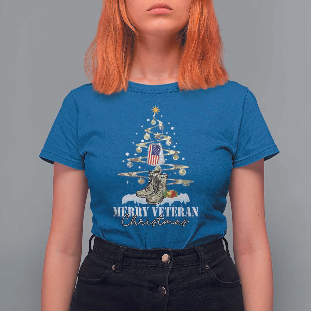 Veteran Day Xmas T Shirt For Women Merry Veteran Christmas Fir Tree Dog Tag Combat Shoes TS11 Royal Blue Print Your Wear