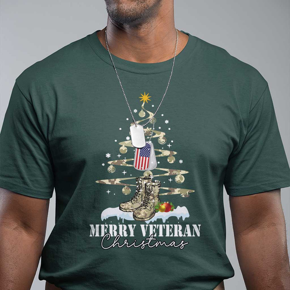 Veteran Day Xmas T Shirt Merry Veteran Christmas Fir Tree Dog Tag Combat Shoes TS11 Dark Forest Green Print Your Wear