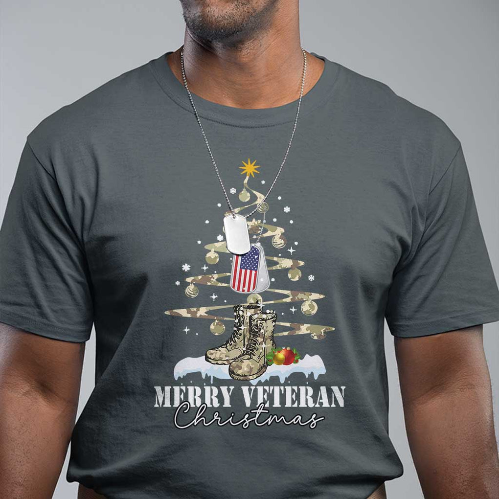 Veteran Day Xmas T Shirt Merry Veteran Christmas Fir Tree Dog Tag Combat Shoes TS11 Dark Heather Print Your Wear