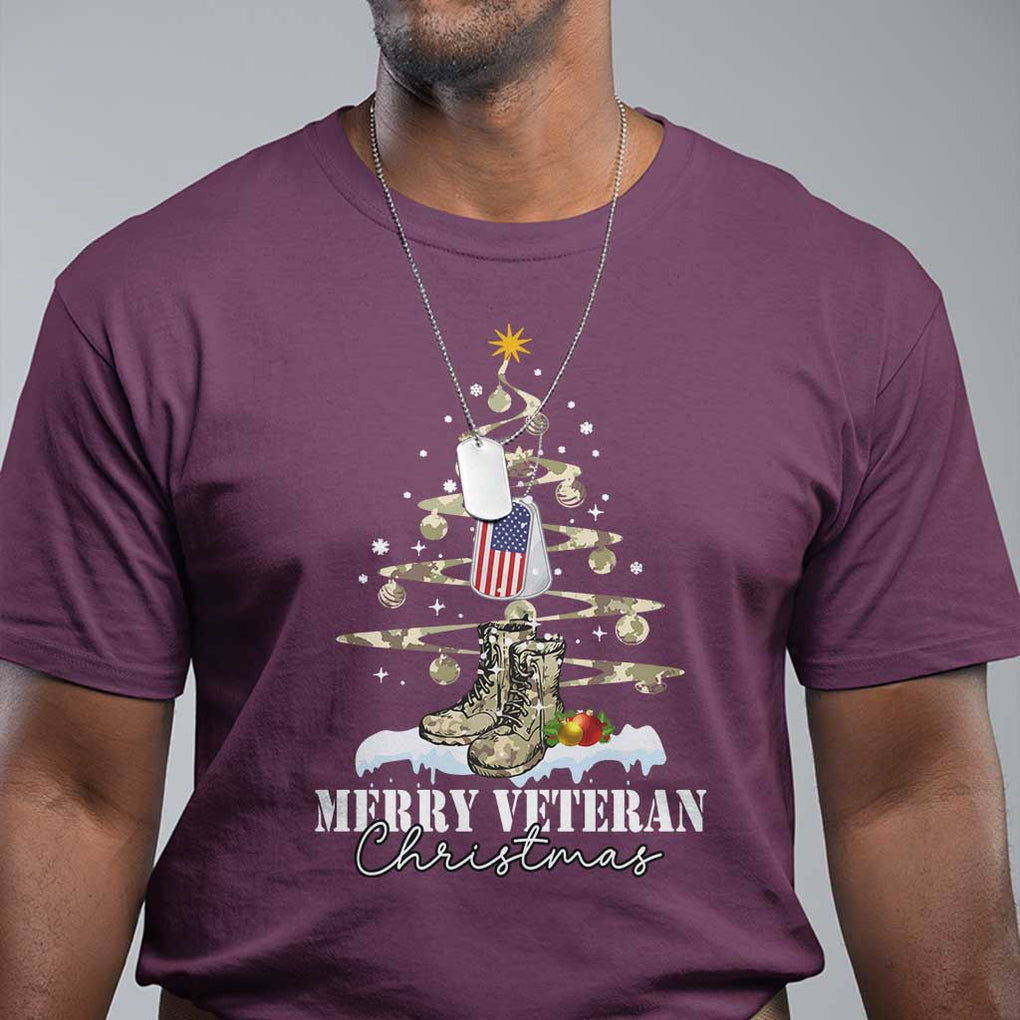 Veteran Day Xmas T Shirt Merry Veteran Christmas Fir Tree Dog Tag Combat Shoes TS11 Maroon Print Your Wear