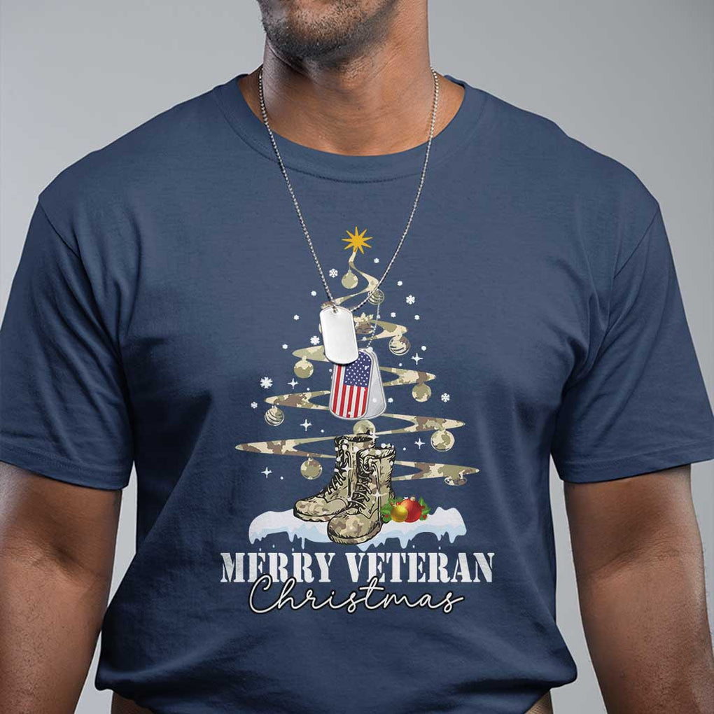 Veteran Day Xmas T Shirt Merry Veteran Christmas Fir Tree Dog Tag Combat Shoes TS11 Navy Print Your Wear