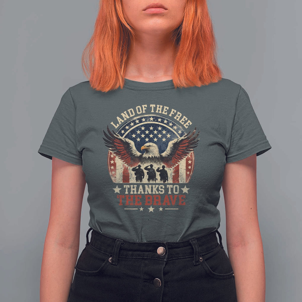 Veterans T Shirt For Women Land Of The Free Thanks To The Brave American Flag Eagle TS11 Dark Heather Print Your Wear
