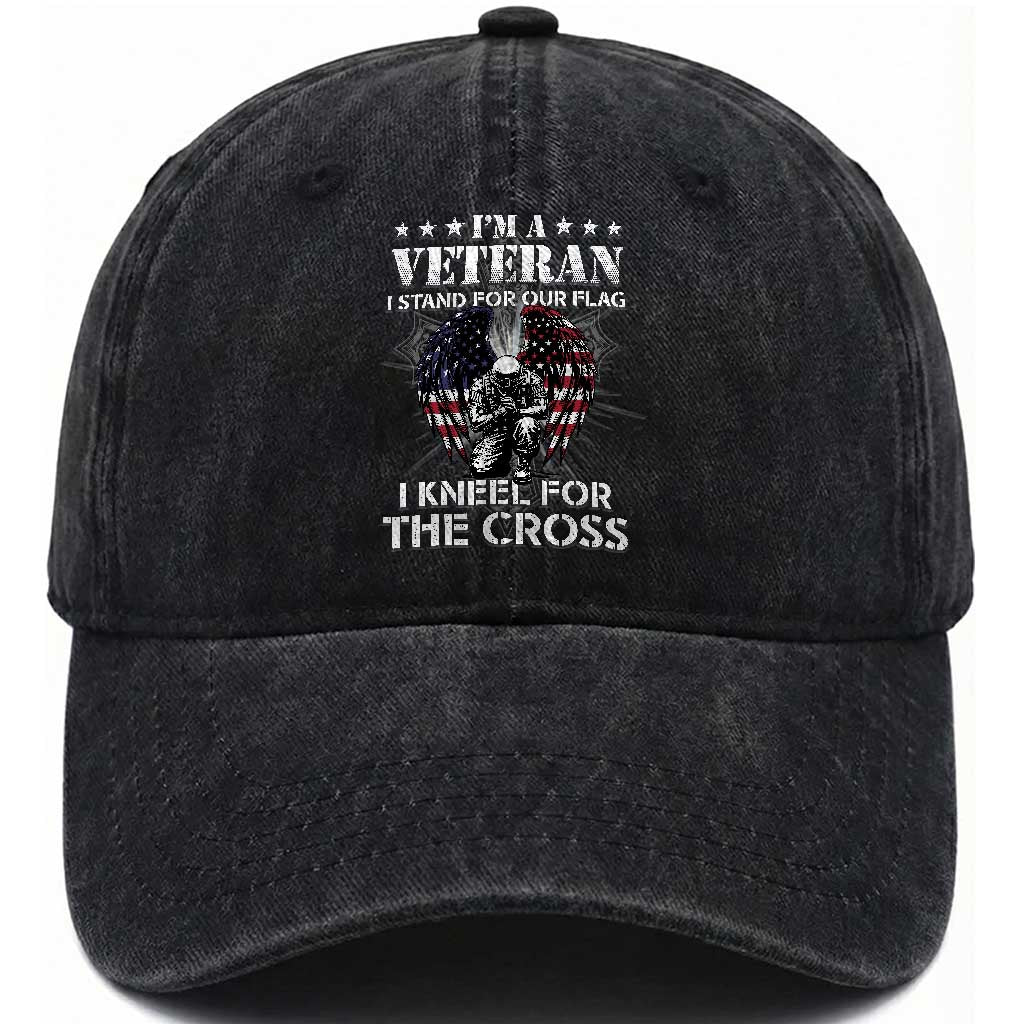 US Veterans Washed Cotton Baseball Cap I'm A Veteran I Stand For Our Flag I Kneel For The Cross Military TS11 Washed Cap Universal Fit Black Print Your Wear