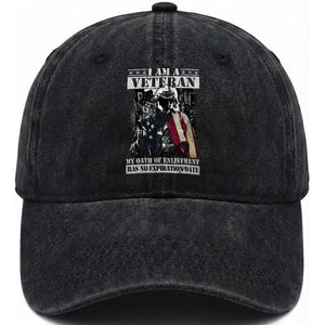 US Veterans Washed Cotton Baseball Cap I Am A Veteran My Oath Of Enlistment Has No Expiration Date Military TS11 Washed Cap Universal Fit Black Print Your Wear