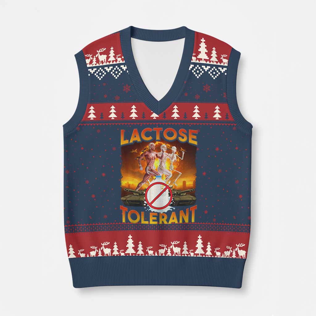 Funny Lactose Tolerant V-Neck Knit Sweater Vest Ironic Sarcastic Funny Humor Cringe Meme TS11 Navy Red Print Your Wear
