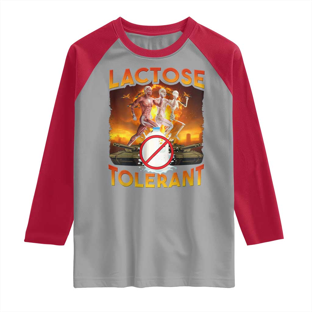 Funny Lactose Tolerant Raglan Shirt Ironic Sarcastic Funny Humor Cringe Meme TS11 Sport Gray Red Print Your Wear
