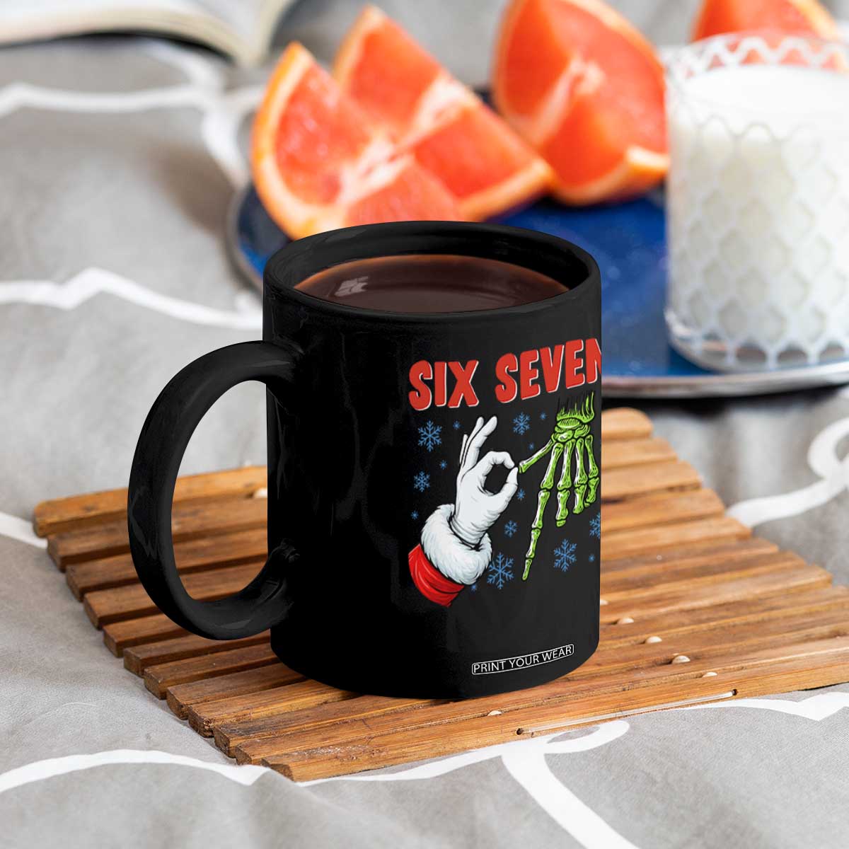 Funny 67 Christmas Coffee Mug Six Seven Meme Santa Skeleton Hands Gesture Gen Alpha TS11 Print Your Wear