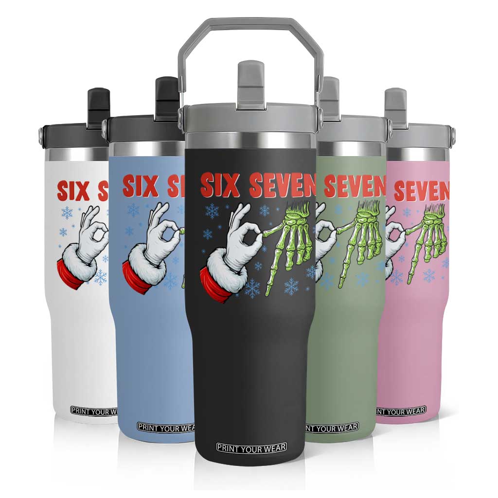 Funny 67 Christmas Flip Straw Tumbler Six Seven Meme Santa Skeleton Hands Gesture Gen Alpha TS11 Print Your Wear