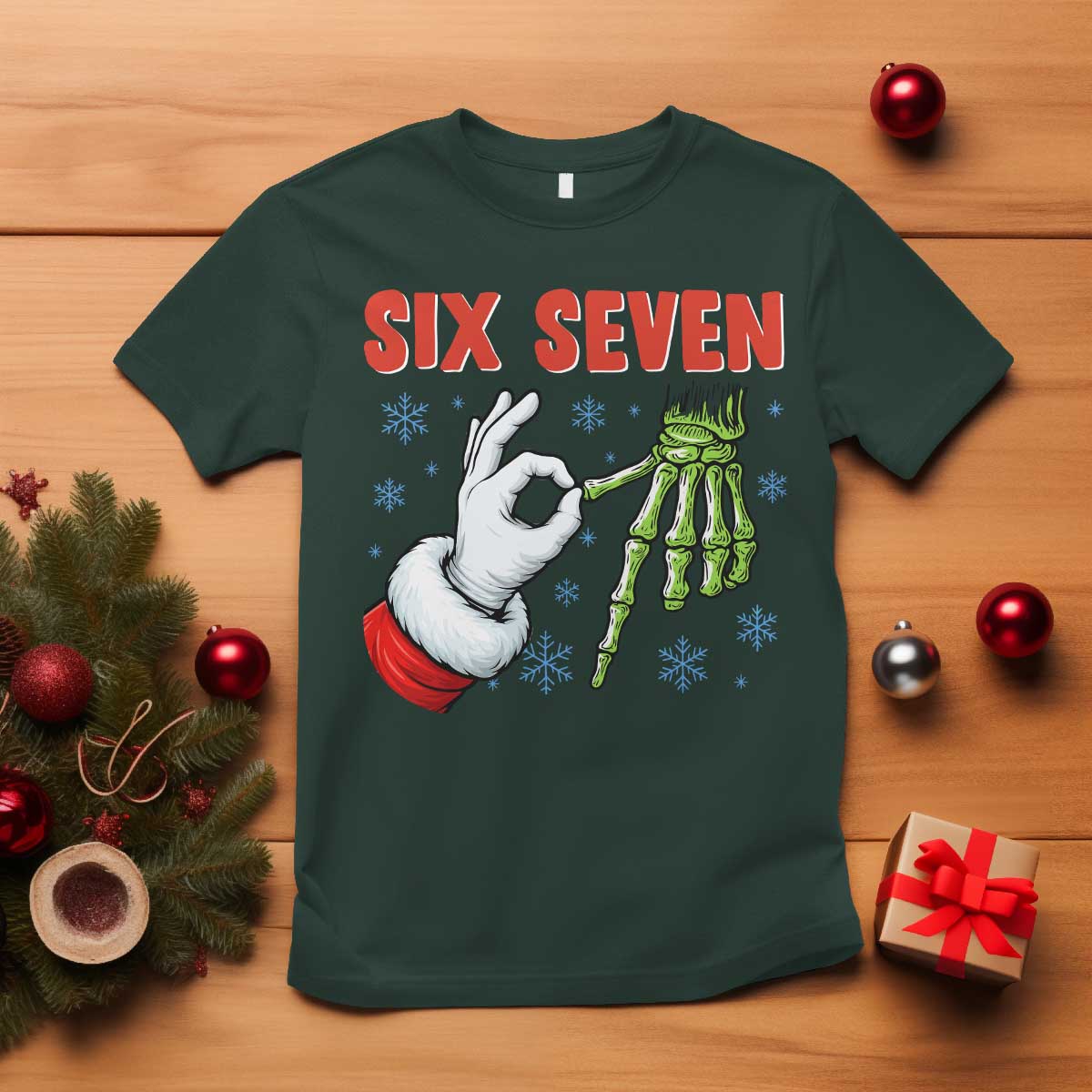 Funny 67 Christmas T Shirt Six Seven Meme Santa Skeleton Hands Gesture Gen Alpha TS11 Dark Forest Green Print Your Wear