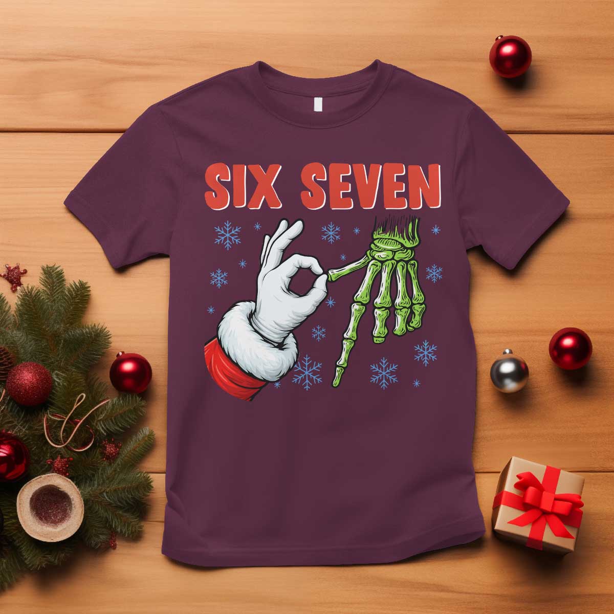 Funny 67 Christmas T Shirt Six Seven Meme Santa Skeleton Hands Gesture Gen Alpha TS11 Maroon Print Your Wear
