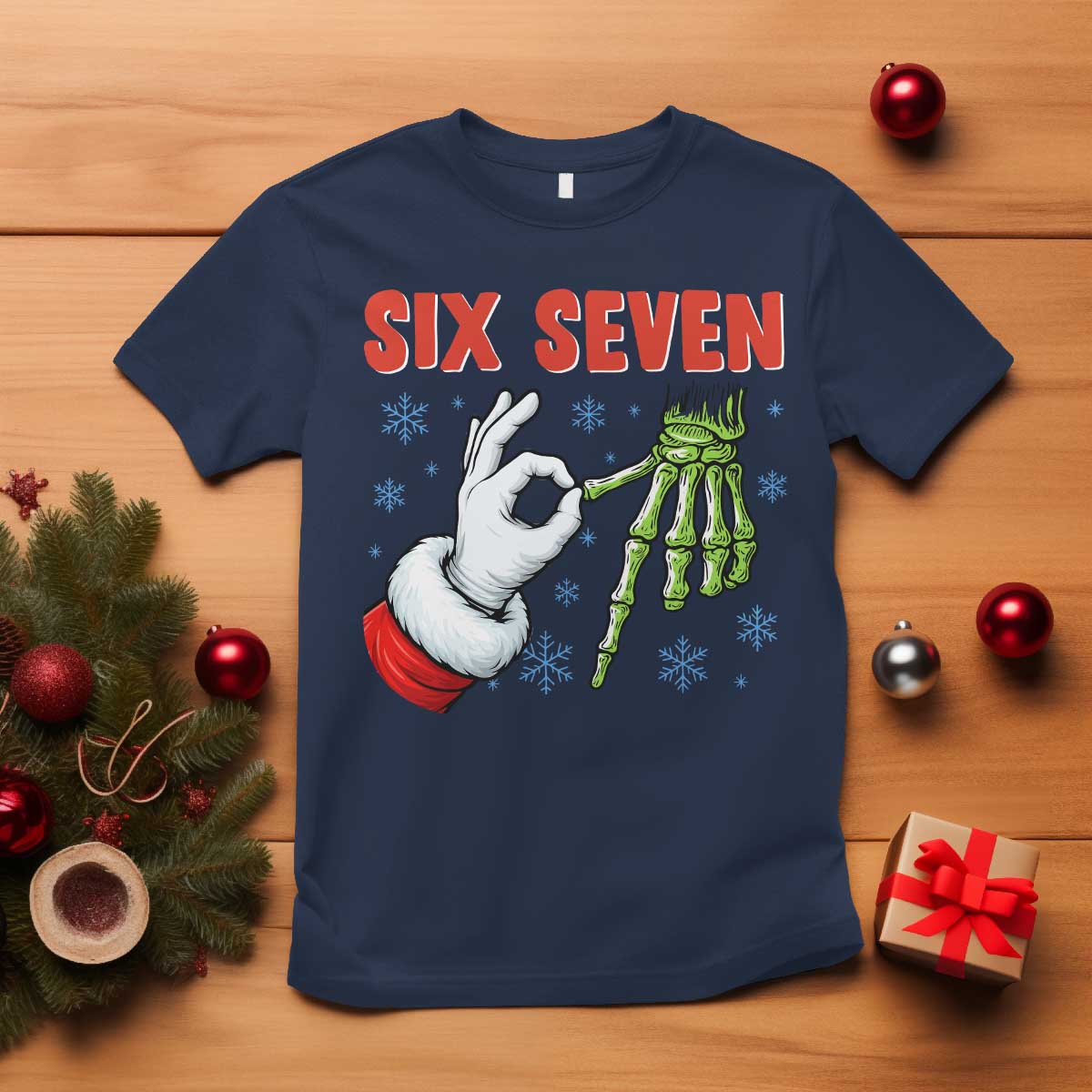 Funny 67 Christmas T Shirt Six Seven Meme Santa Skeleton Hands Gesture Gen Alpha TS11 Navy Print Your Wear