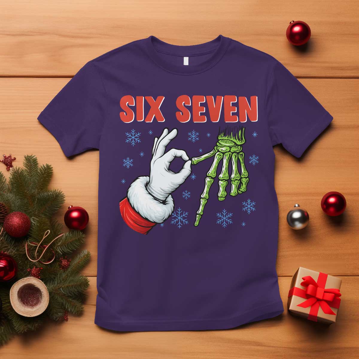 Funny 67 Christmas T Shirt Six Seven Meme Santa Skeleton Hands Gesture Gen Alpha TS11 Purple Print Your Wear