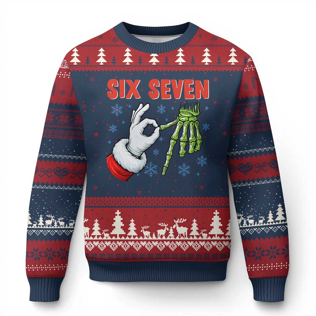 Funny 67 Xmas Ugly Christmas Sweater Six Seven Meme Santa Skeleton Hands Gesture Gen Alpha TS11 Navy Red Print Your Wear