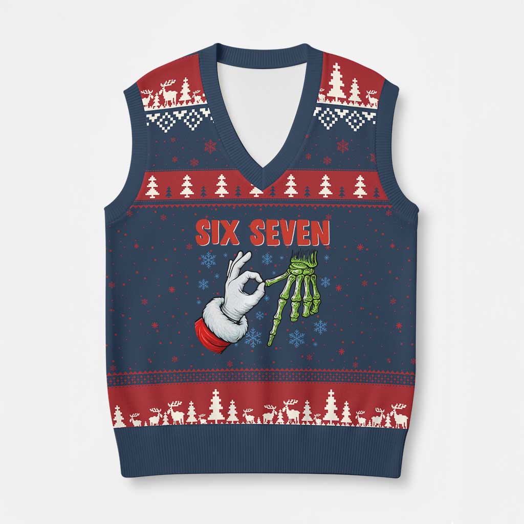Funny 67 Xmas V-Neck Knit Sweater Vest Six Seven Meme Santa Skeleton Hands Gesture Gen Alpha TS11 Navy Red Print Your Wear