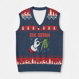 Funny 67 Xmas V-Neck Knit Sweater Vest Six Seven Meme Santa Skeleton Hands Gesture Gen Alpha TS11 Navy Red Print Your Wear