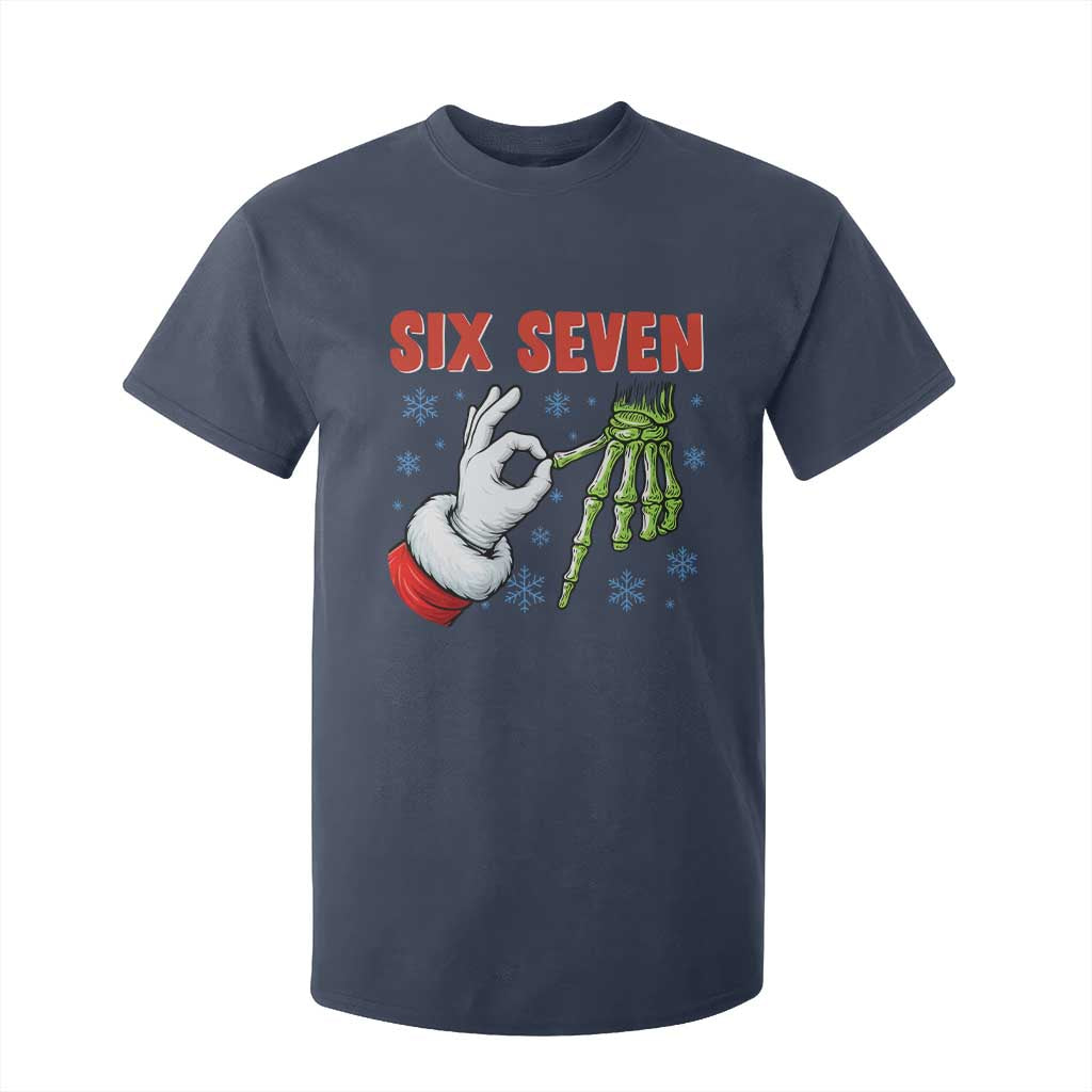 Funny 67 Christmas T Shirt For Kid Six Seven Meme Santa Skeleton Hands Gesture Gen Alpha TS11 Navy Print Your Wear