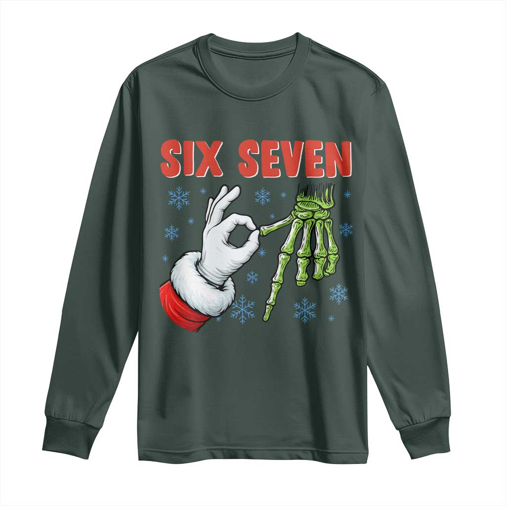 Funny 67 Christmas Long Sleeve Shirt Six Seven Meme Santa Skeleton Hands Gesture Gen Alpha TS11 Dark Forest Green Print Your Wear