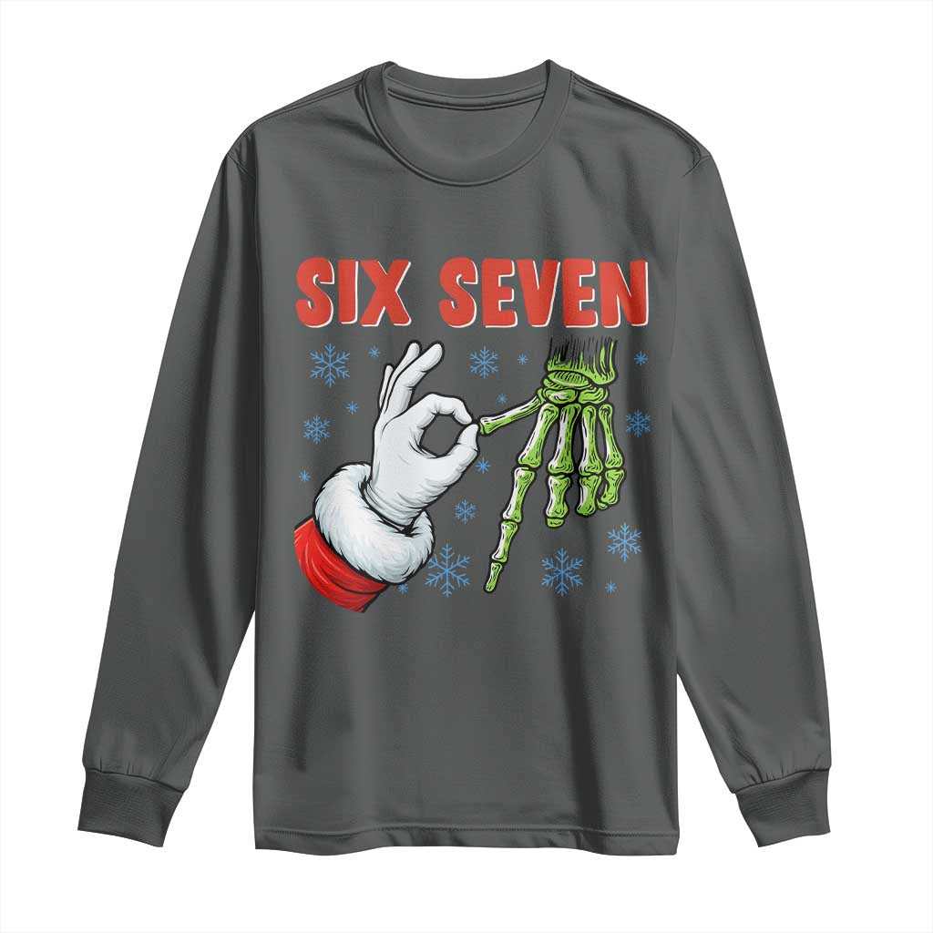Funny 67 Christmas Long Sleeve Shirt Six Seven Meme Santa Skeleton Hands Gesture Gen Alpha TS11 Dark Heather Print Your Wear