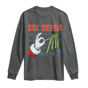 Funny 67 Christmas Long Sleeve Shirt Six Seven Meme Santa Skeleton Hands Gesture Gen Alpha TS11 Dark Heather Print Your Wear