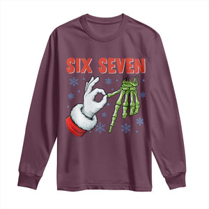 Funny 67 Christmas Long Sleeve Shirt Six Seven Meme Santa Skeleton Hands Gesture Gen Alpha TS11 Maroon Print Your Wear
