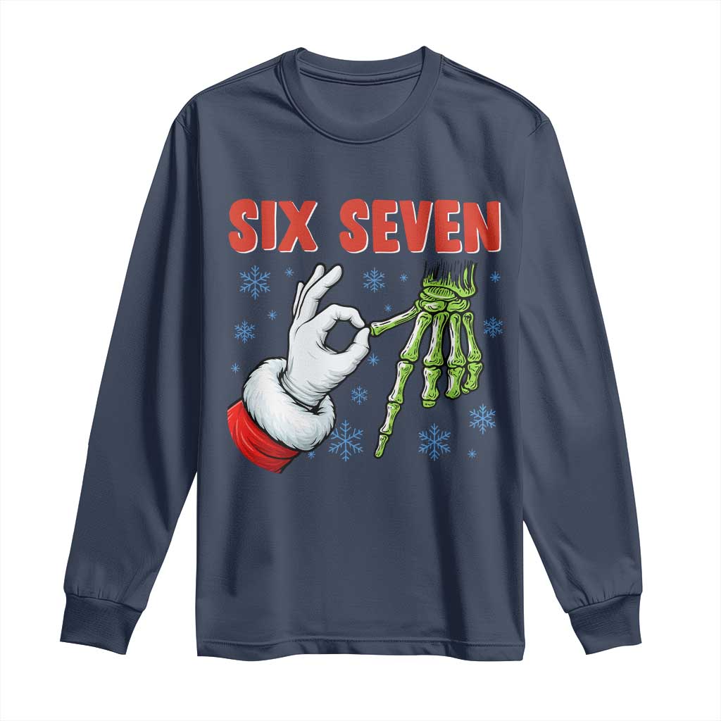 Funny 67 Christmas Long Sleeve Shirt Six Seven Meme Santa Skeleton Hands Gesture Gen Alpha TS11 Navy Print Your Wear