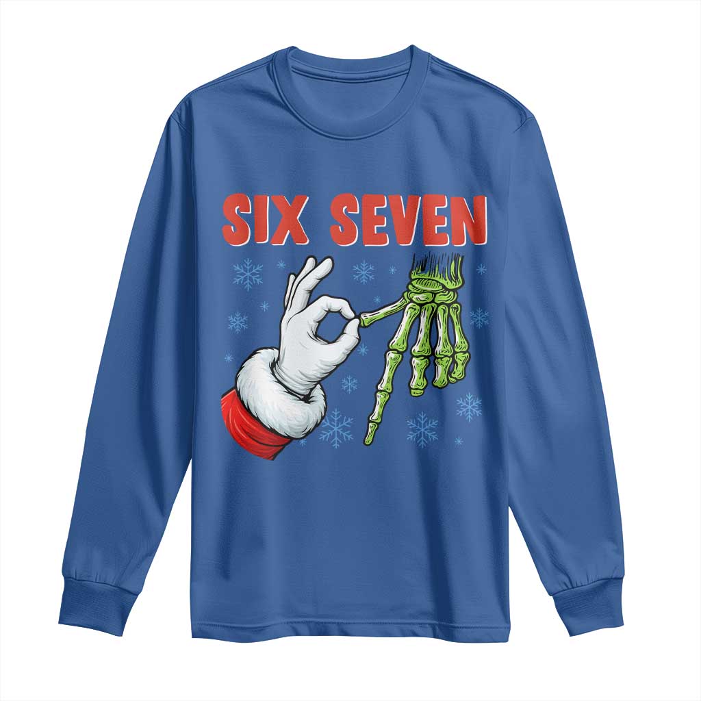 Funny 67 Christmas Long Sleeve Shirt Six Seven Meme Santa Skeleton Hands Gesture Gen Alpha TS11 Royal Blue Print Your Wear