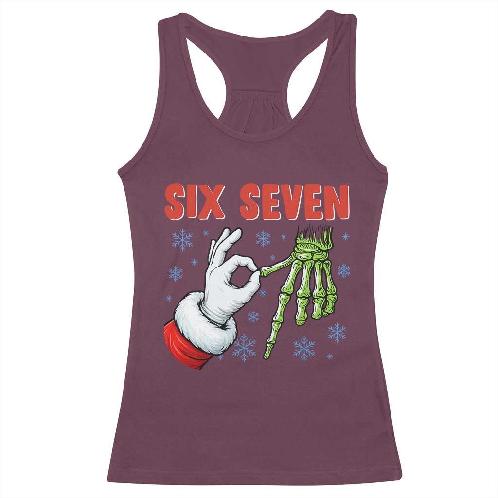 Funny 67 Christmas Racerback Tank Top Six Seven Meme Santa Skeleton Hands Gesture Gen Alpha TS11 Maroon Print Your Wear