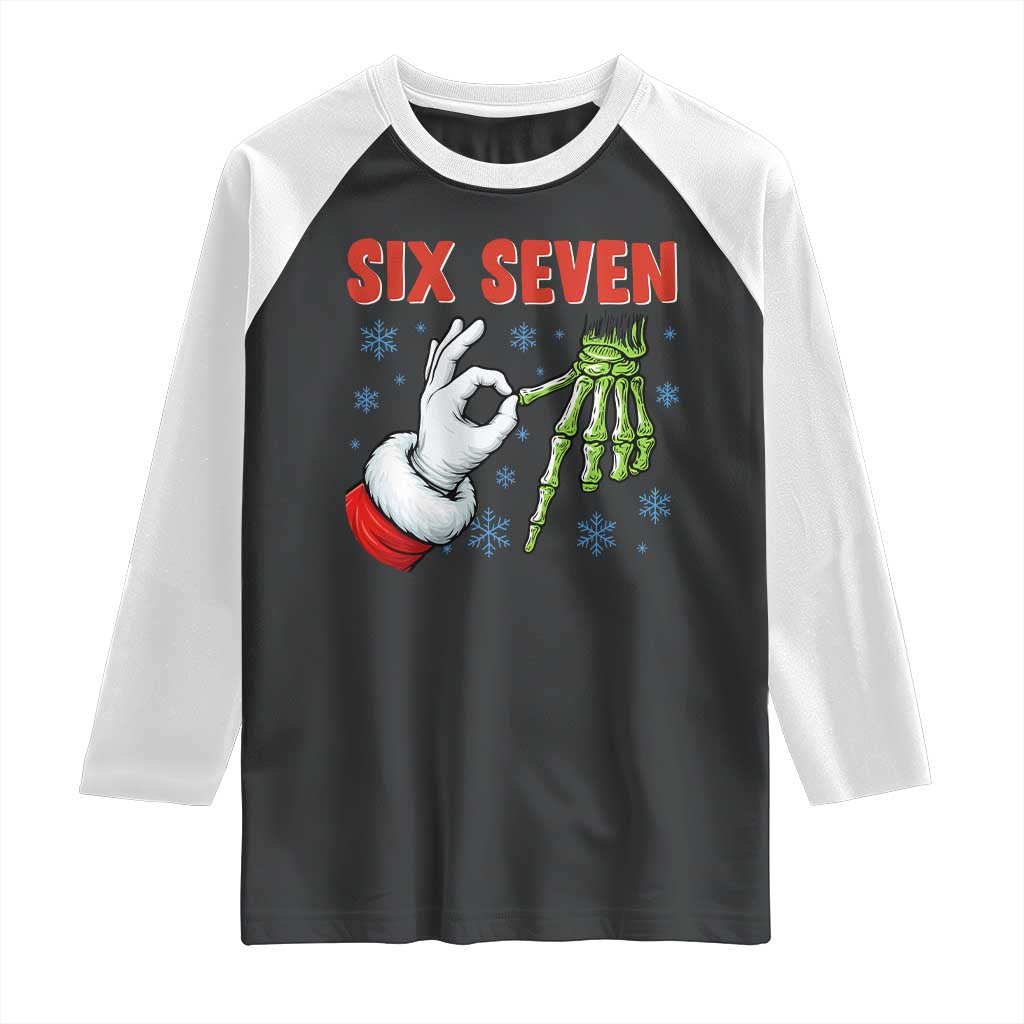 Funny 67 Christmas Raglan Shirt Six Seven Meme Santa Skeleton Hands Gesture Gen Alpha TS11 Black White Print Your Wear
