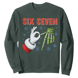Funny 67 Christmas Sweatshirt Six Seven Meme Santa Skeleton Hands Gesture Gen Alpha TS11 Dark Forest Green Print Your Wear
