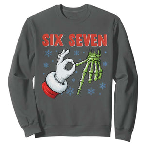 Funny 67 Christmas Sweatshirt Six Seven Meme Santa Skeleton Hands Gesture Gen Alpha TS11 Dark Heather Print Your Wear