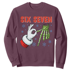 Funny 67 Christmas Sweatshirt Six Seven Meme Santa Skeleton Hands Gesture Gen Alpha TS11 Maroon Print Your Wear
