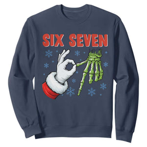 Funny 67 Christmas Sweatshirt Six Seven Meme Santa Skeleton Hands Gesture Gen Alpha TS11 Navy Print Your Wear