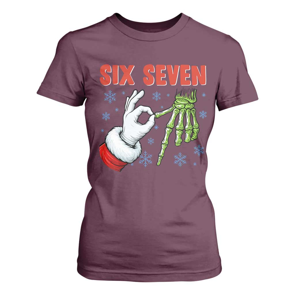 Funny 67 Christmas T Shirt For Women Six Seven Meme Santa Skeleton Hands Gesture Gen Alpha TS11 Maroon Print Your Wear