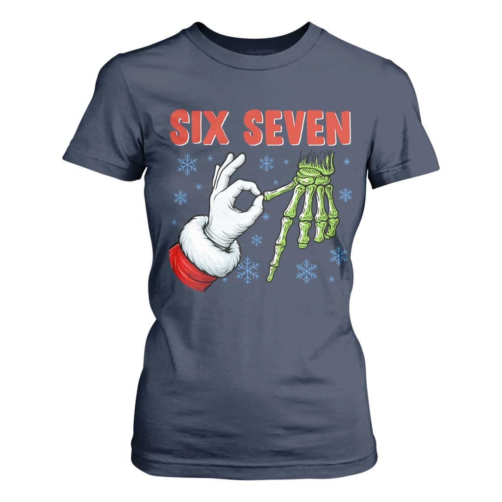 Funny 67 Christmas T Shirt For Women Six Seven Meme Santa Skeleton Hands Gesture Gen Alpha TS11 Navy Print Your Wear