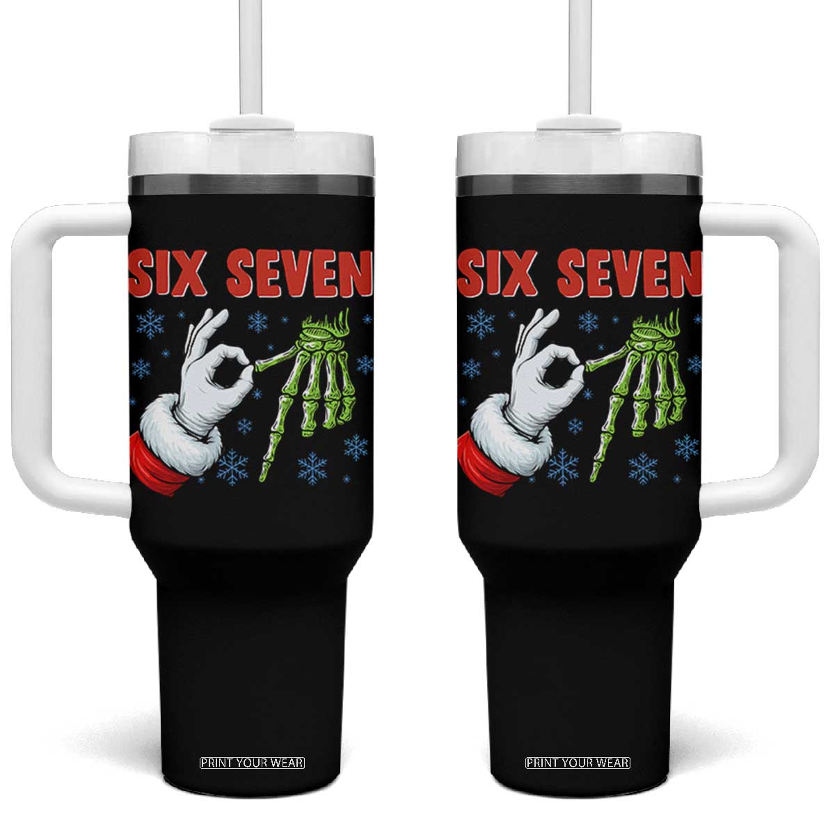 Funny 67 Christmas Tumbler With Handle Six Seven Meme Santa Skeleton Hands Gesture Gen Alpha TS11 One Size: 40 oz Black Print Your Wear