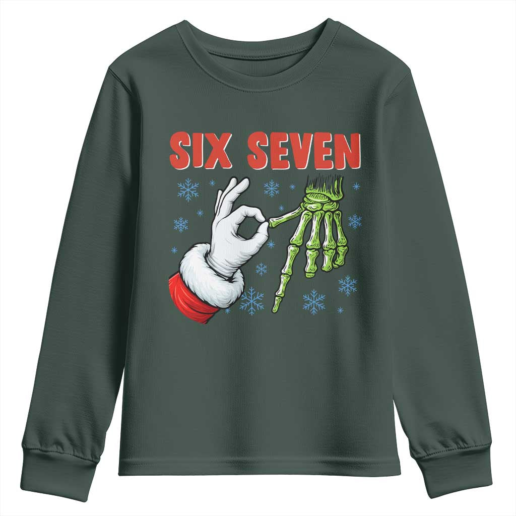 Funny 67 Christmas Youth Sweatshirt Six Seven Meme Santa Skeleton Hands Gesture Gen Alpha TS11 Dark Forest Green Print Your Wear