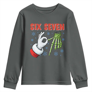 Funny 67 Christmas Youth Sweatshirt Six Seven Meme Santa Skeleton Hands Gesture Gen Alpha TS11 Dark Heather Print Your Wear