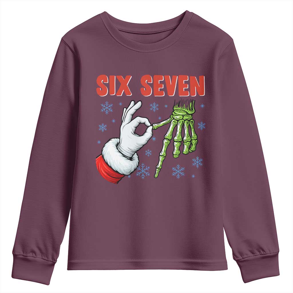 Funny 67 Christmas Youth Sweatshirt Six Seven Meme Santa Skeleton Hands Gesture Gen Alpha TS11 Maroon Print Your Wear