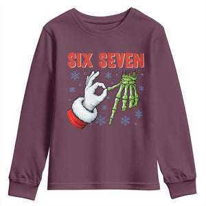 Funny 67 Christmas Youth Sweatshirt Six Seven Meme Santa Skeleton Hands Gesture Gen Alpha TS11 Maroon Print Your Wear