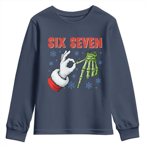 Funny 67 Christmas Youth Sweatshirt Six Seven Meme Santa Skeleton Hands Gesture Gen Alpha TS11 Navy Print Your Wear