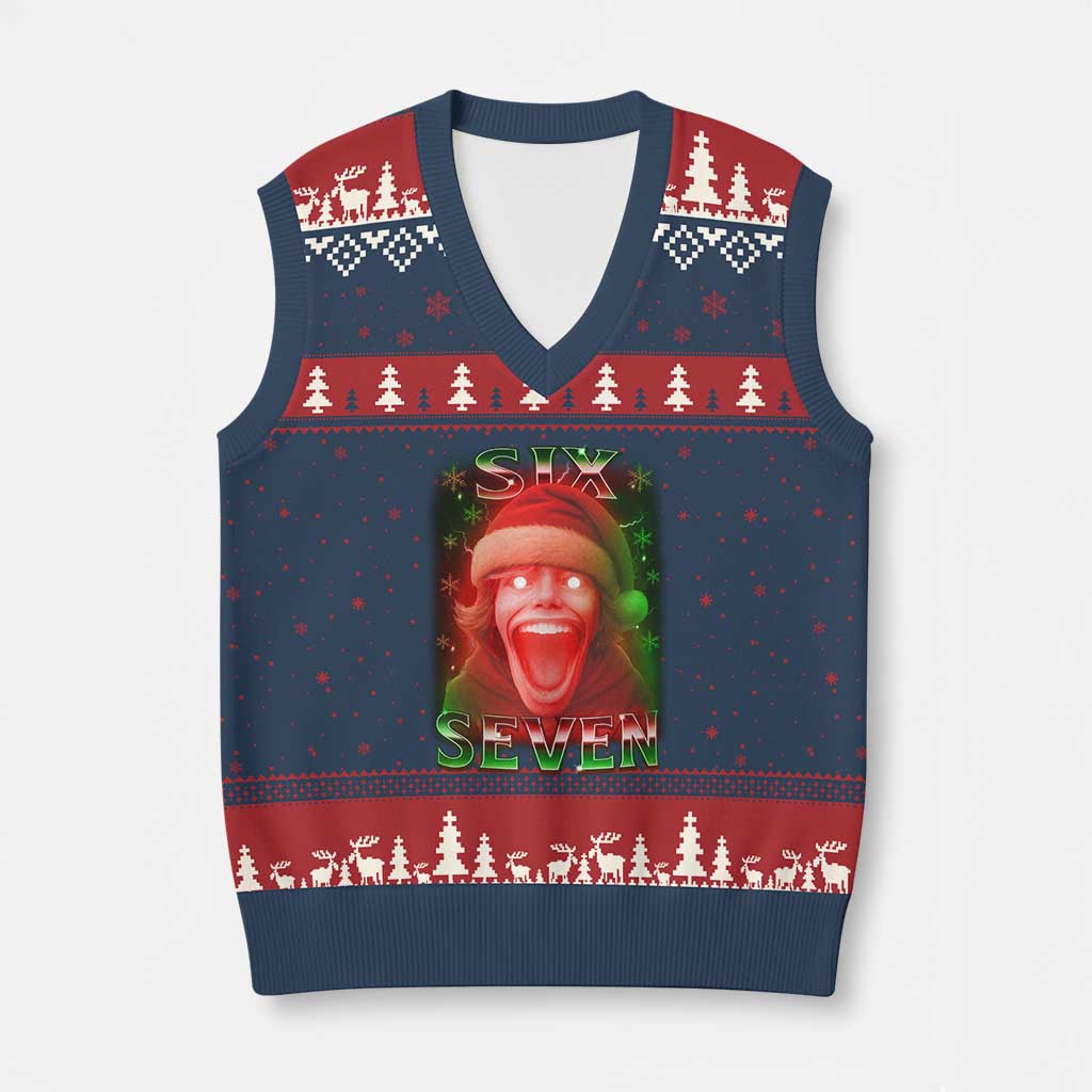 67 Six Seven Xmas Meme V-Neck Knit Sweater Vest The Mason 67 Kid Gen Alpha Slang TS11 Navy Red Print Your Wear