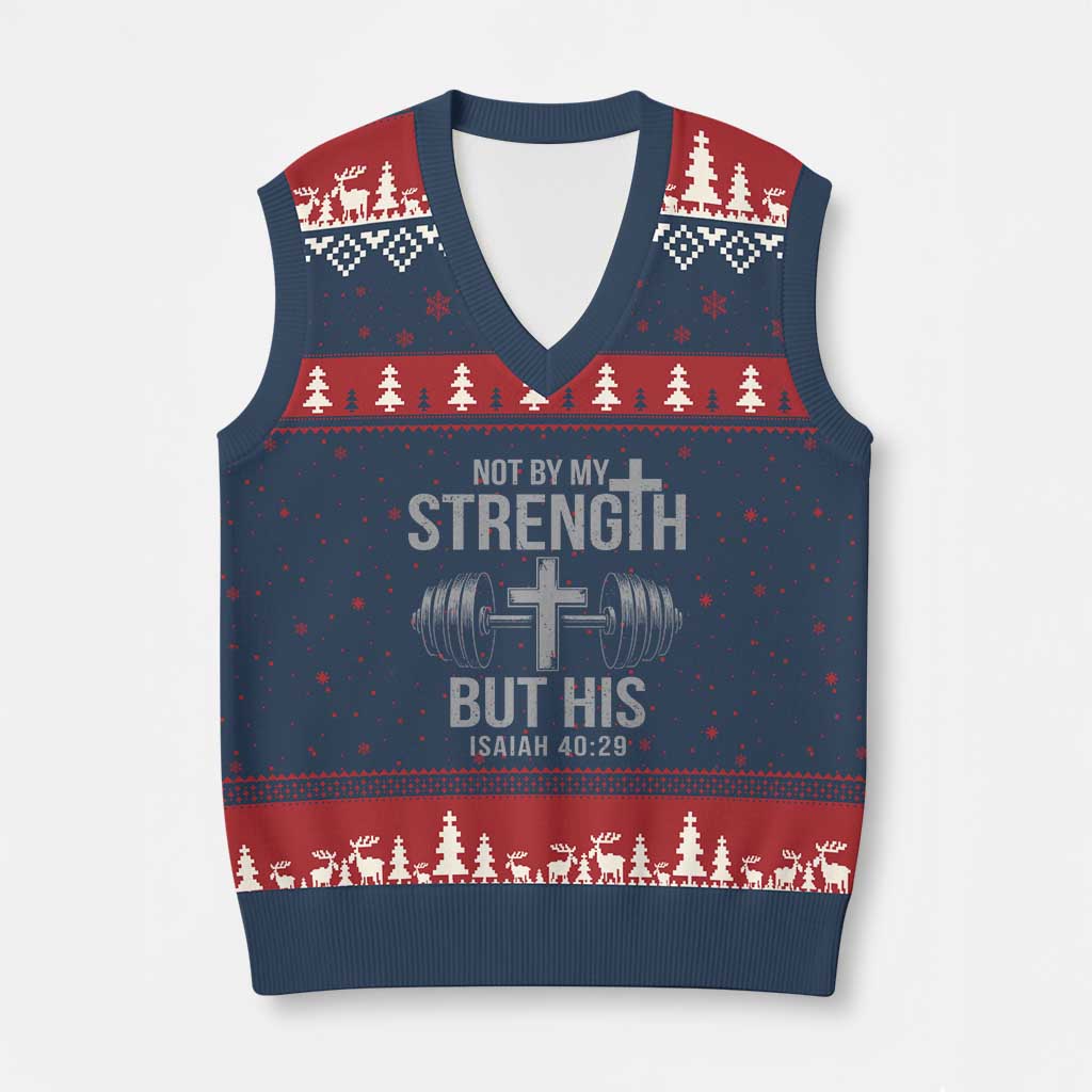 Not By My Strength But His V-Neck Knit Sweater Vest Christian Workout Gym Bible Verse TS11 Navy Red Print Your Wear