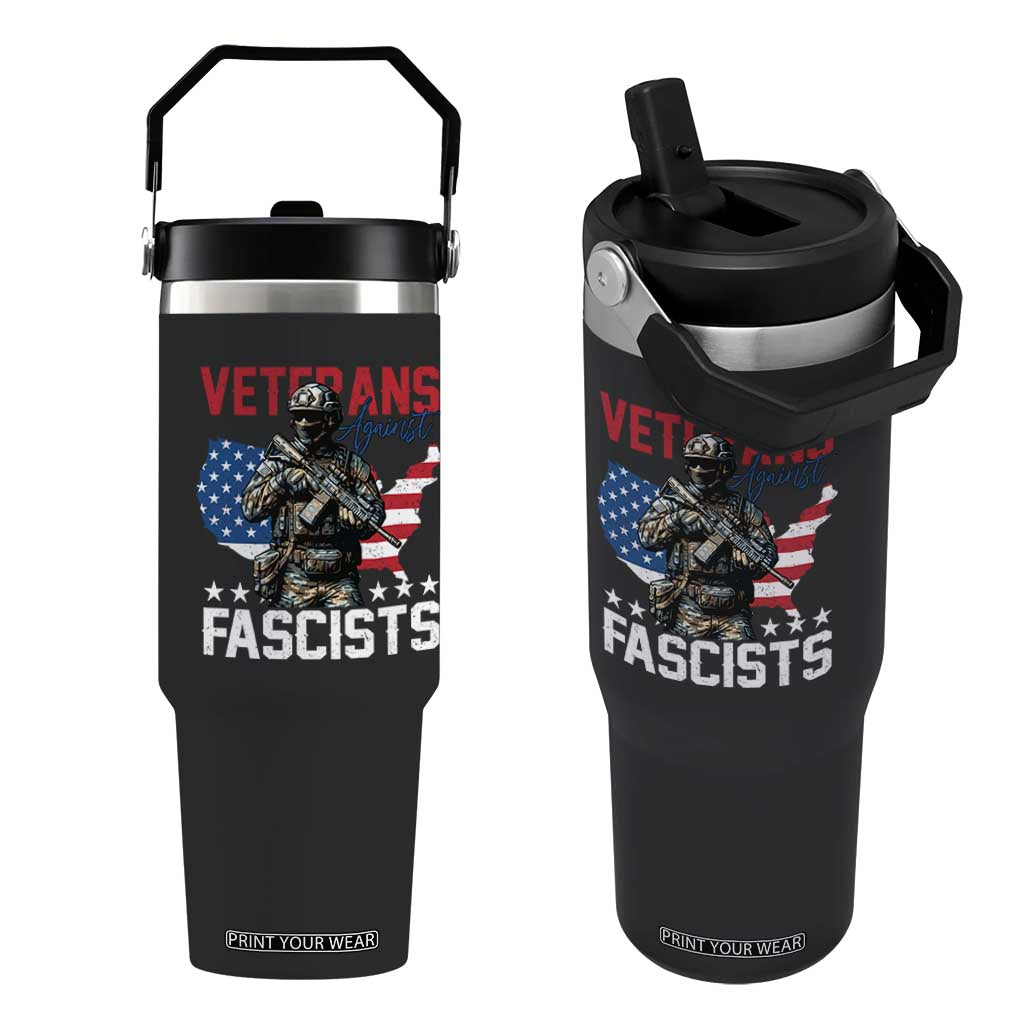 Veterans Against Fascists Flip Straw Tumbler Patriotic Soldier Vintage American Flag - Print Your Wear
