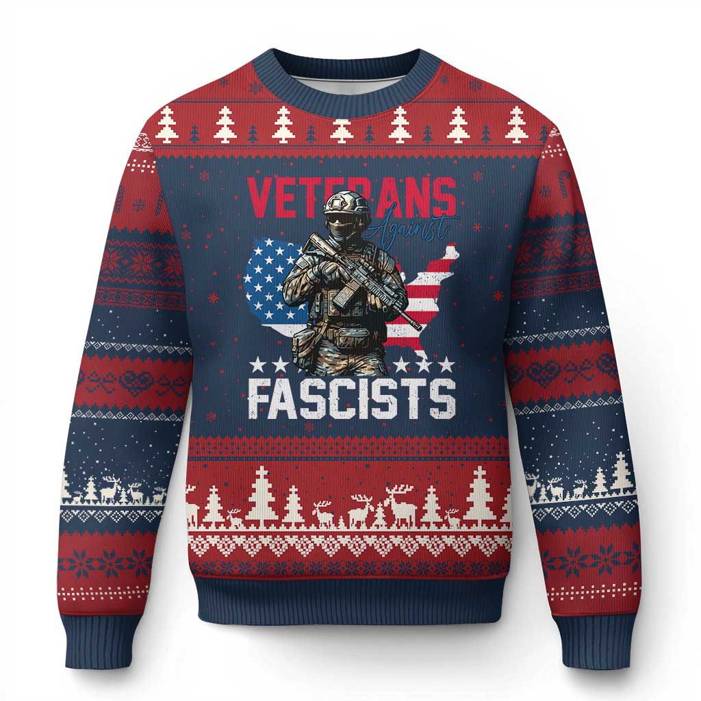 Veterans Against Fascists Ugly Christmas Sweater Patriotic Soldier Vintage American Flag TS11 Navy Red Print Your Wear