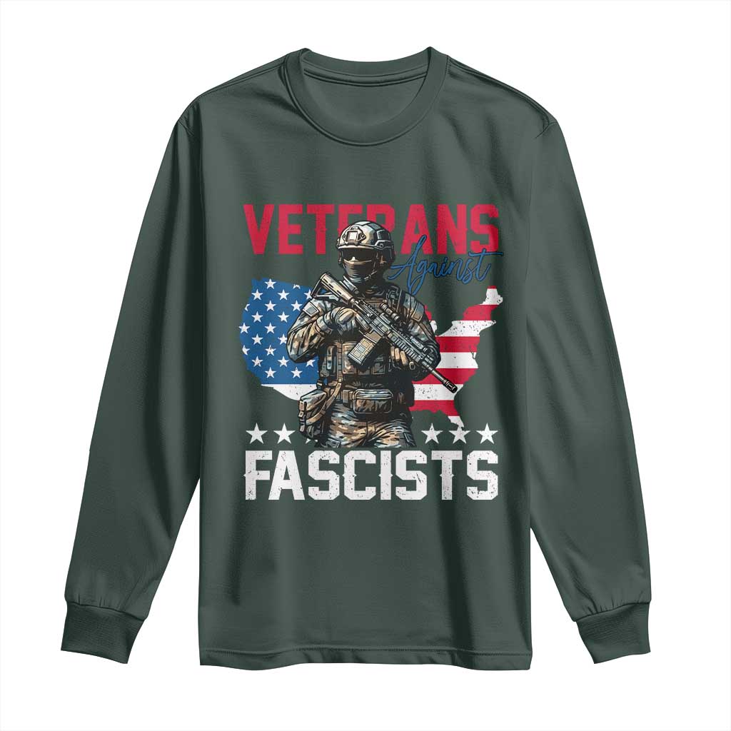 Veterans Against Fascists Long Sleeve Shirt Patriotic Soldier Vintage American Flag TS11 Dark Forest Green Print Your Wear