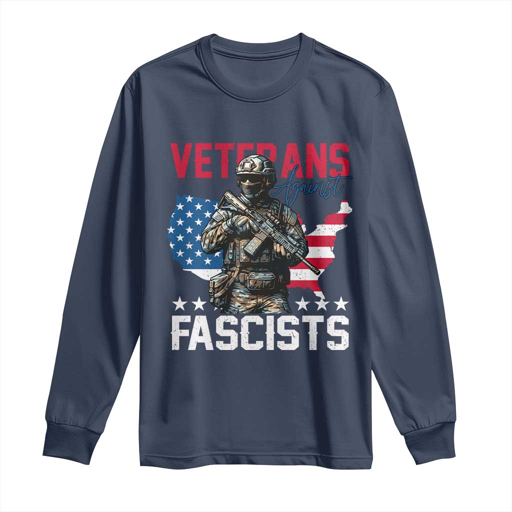 Veterans Against Fascists Long Sleeve Shirt Patriotic Soldier Vintage American Flag TS11 Navy Print Your Wear