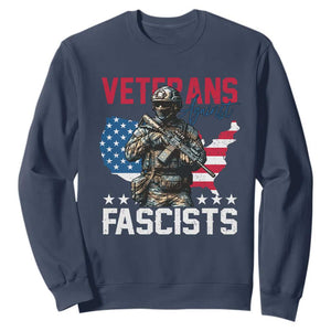 Veterans Against Fascists Sweatshirt Patriotic Soldier Vintage American Flag TS11 Navy Print Your Wear